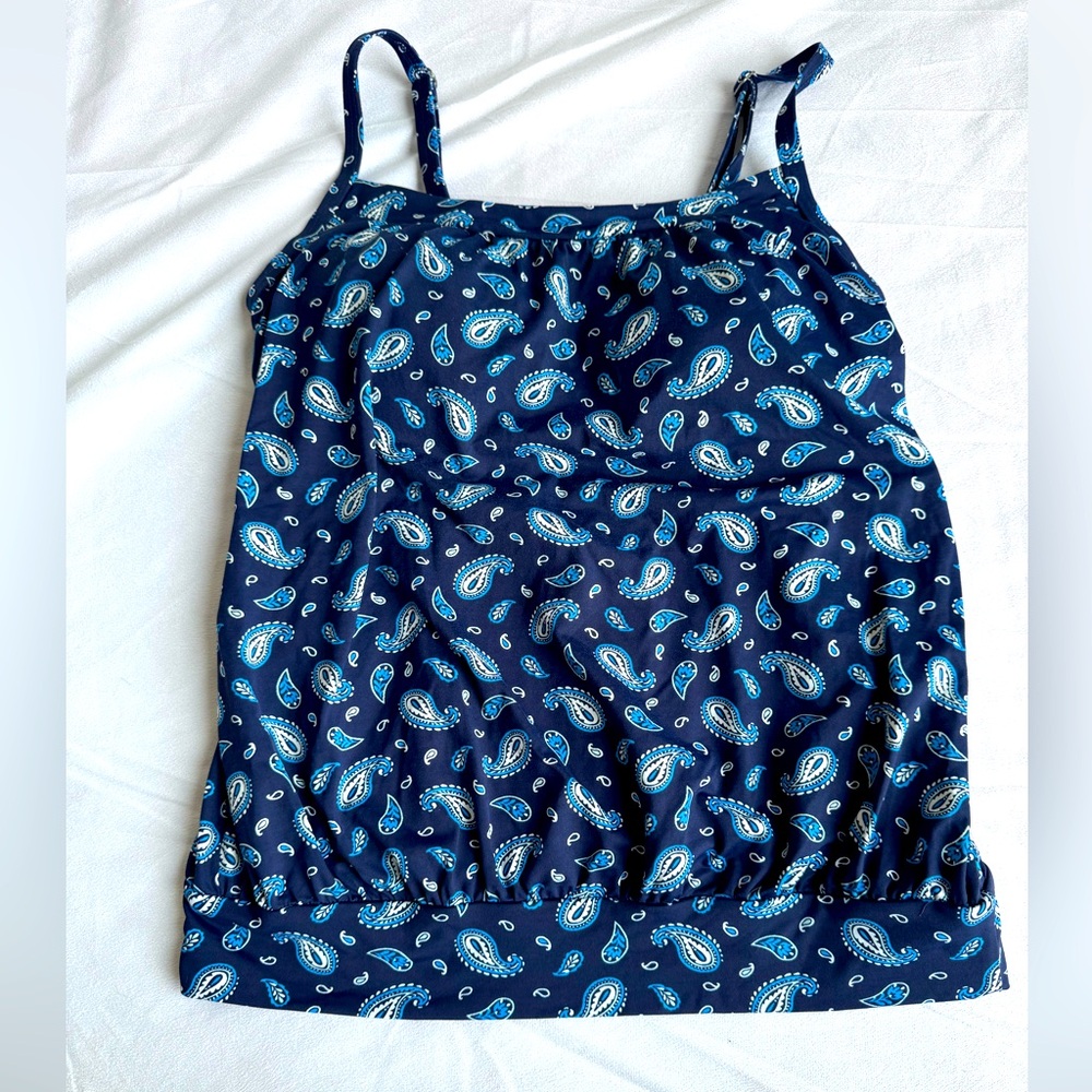 Lands' End Blue Paisley Tankini Swim Top Padded Bra 4 Petite Modest Swimwear